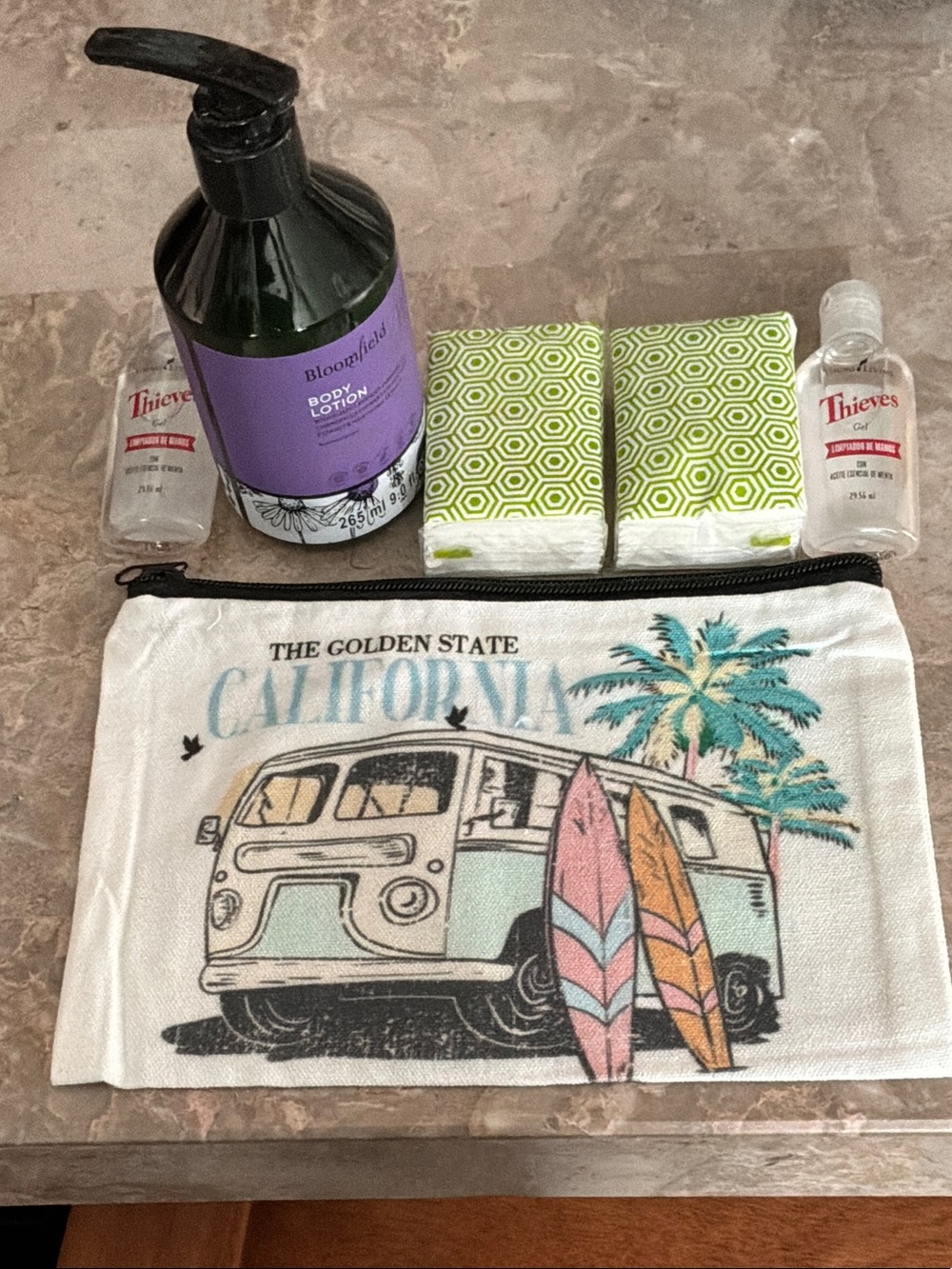 Assorted Toiletries in California Surf Cosmetic Pouch